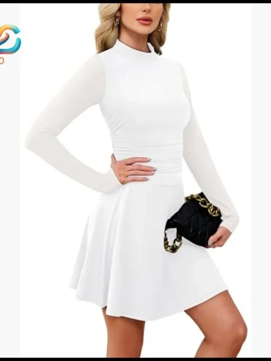 Long Sleeve Cocktail Dress Mock Neck Ruched Waist Mini Formal Party - Picture 4 of 7
